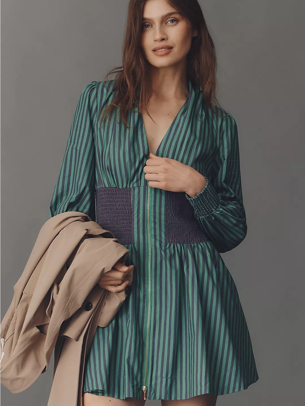 Anthropologie Green Striped Smocked-Waist Mini Dress